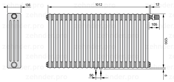 Схема (чертеж) Радиатор Zehnder Charleston 4120/22 №V008 Белый глянцевый RAL 9016